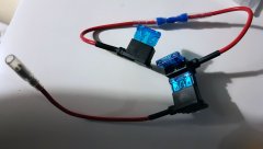 Piggyback fuse setup for 12V switched power sockets inside the car.