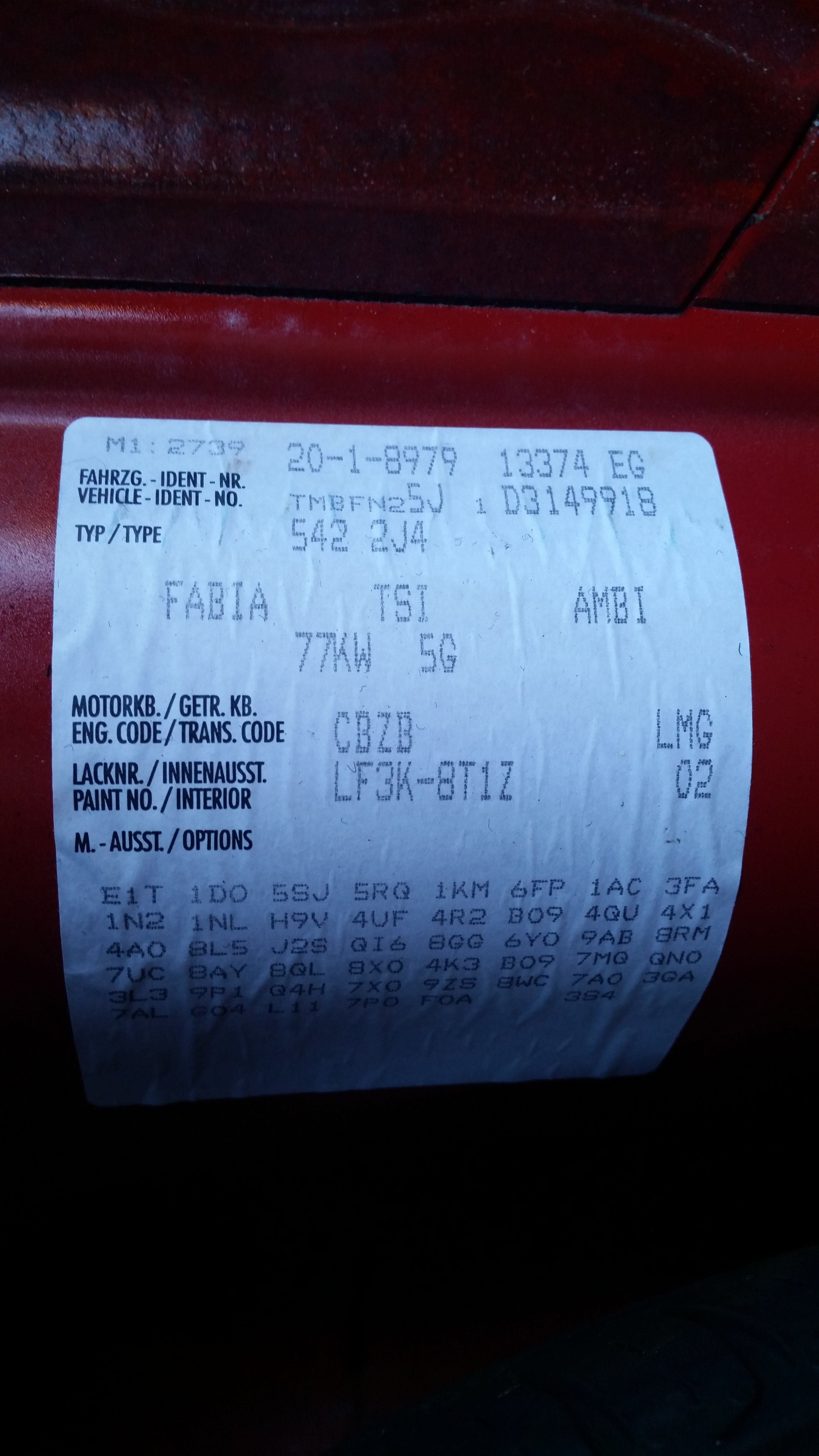 Colour code Skoda Fabia Mk II (20072014) BRISKODA