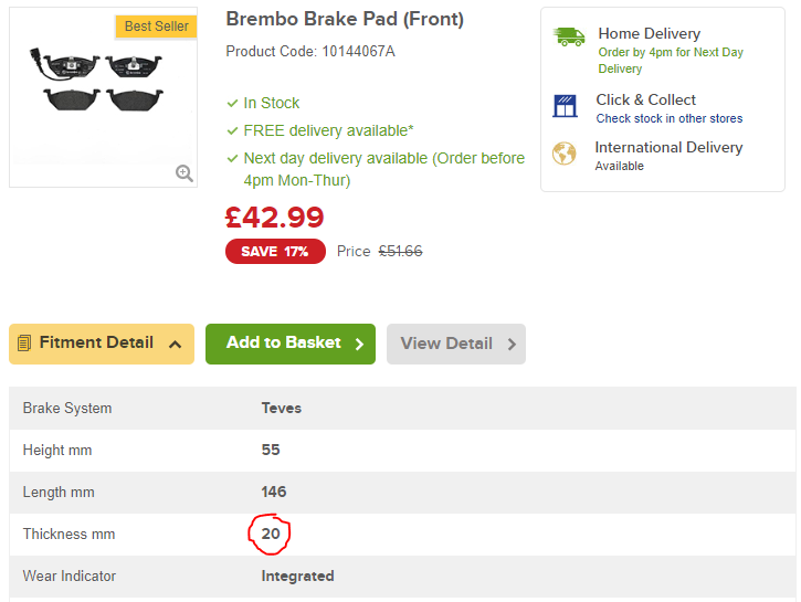 Front axle pad thickness query