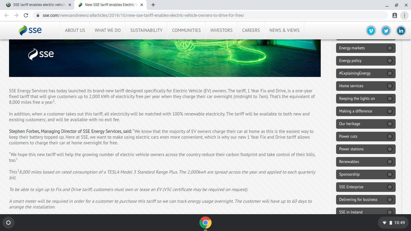 SSE tariff enables electric vehicle owners to drive for free.. For a
