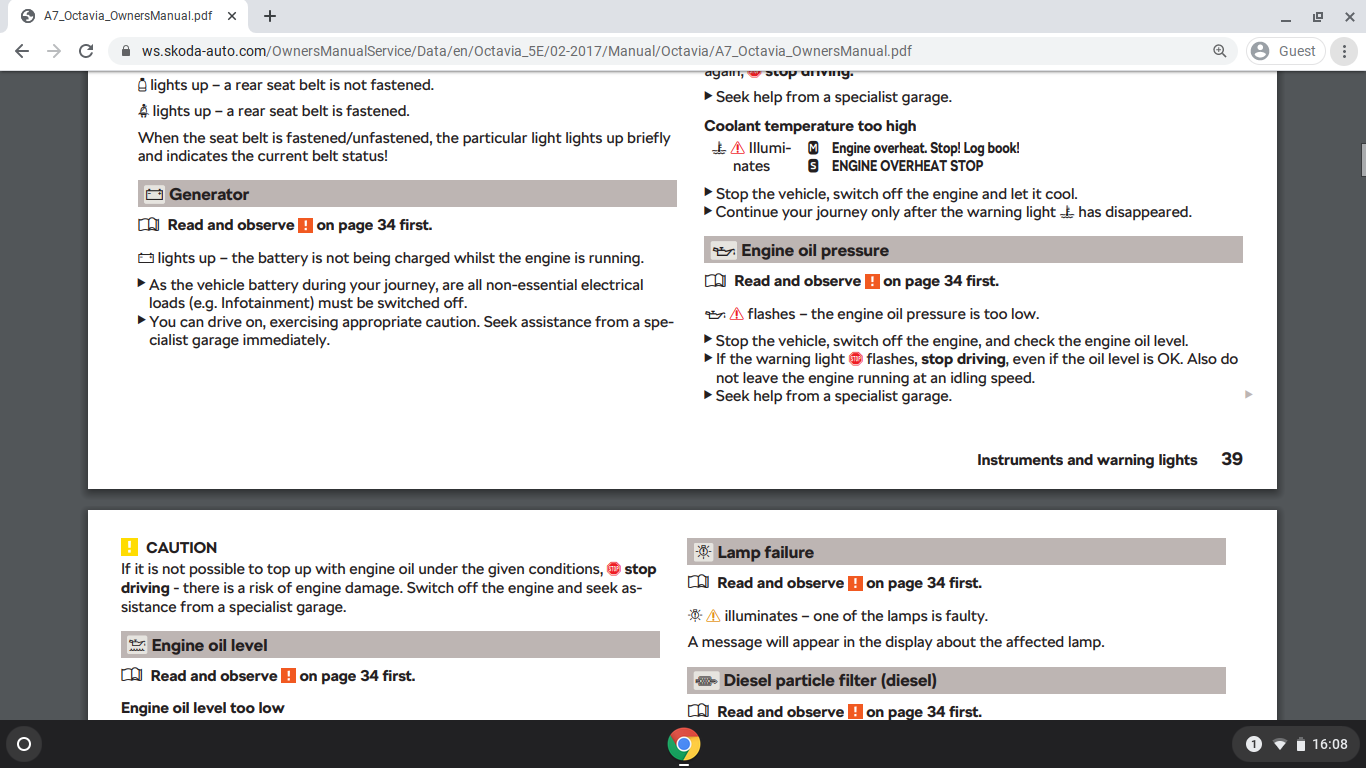 Emission Control System Warning Light Skoda Octavia Mk III (2013