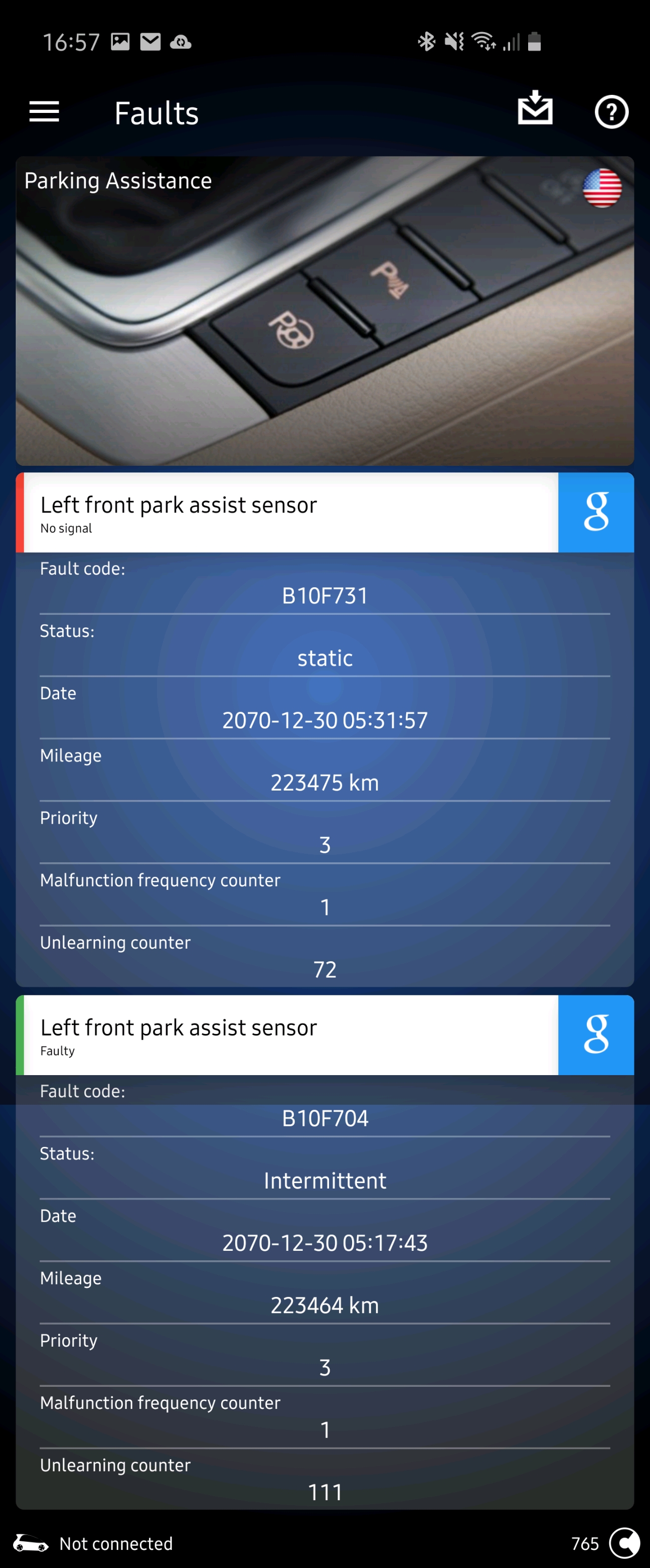 Front Parking Sensors problems alonside few other diagnostic errors