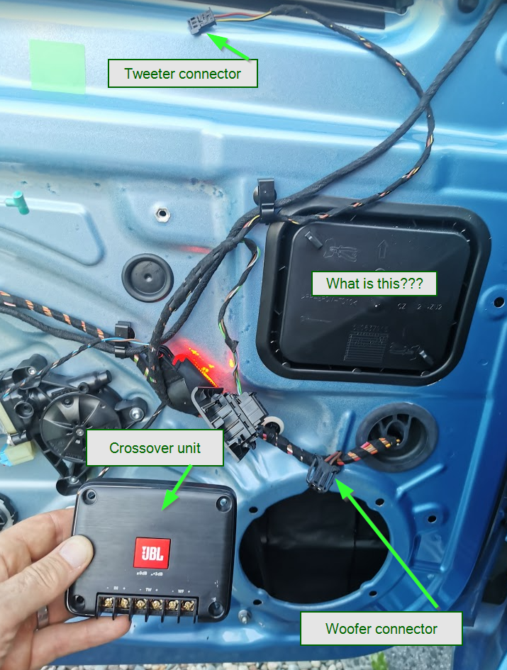 Speaker connectors & suggested location for crossover unit in door