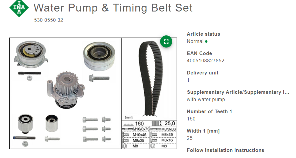 TIMING BELT KIT Skoda Superb Mk II (20082015) BRISKODA