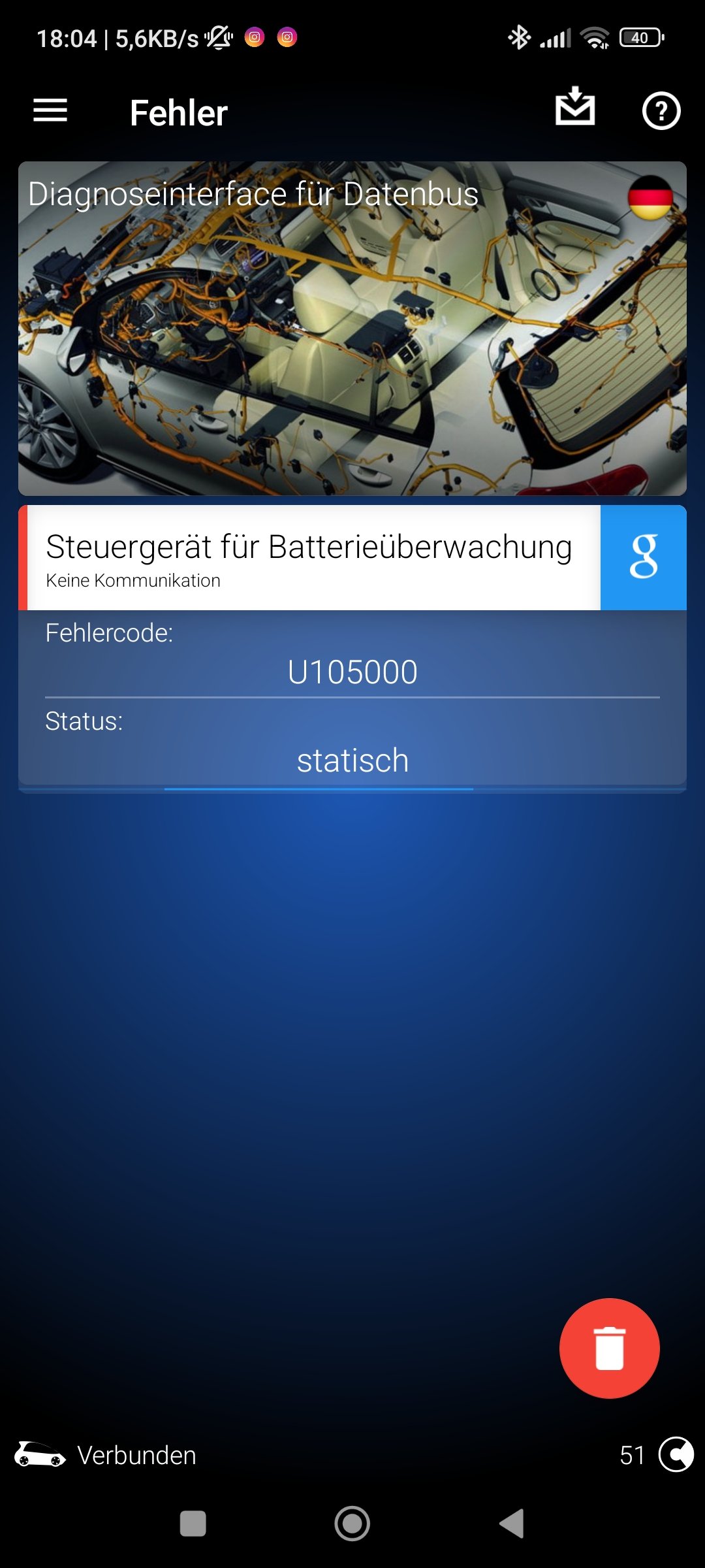 Control unit for battery monitoring brings error code