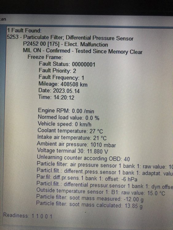 VCDS Fault Code DPF Differential Pressure Sensor VCDS Fault Code 5253