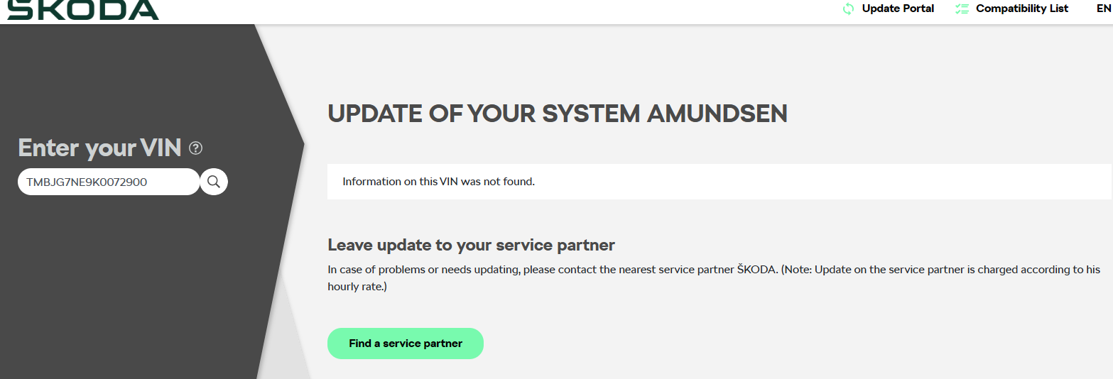 Maps update - information on this VIN was not found