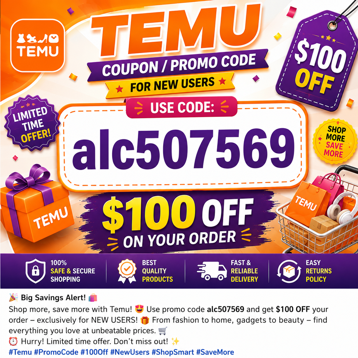 ''$100 Off**Temu Coupon Code ↳ {["!°alc507569°!"]} For New & Existing Users