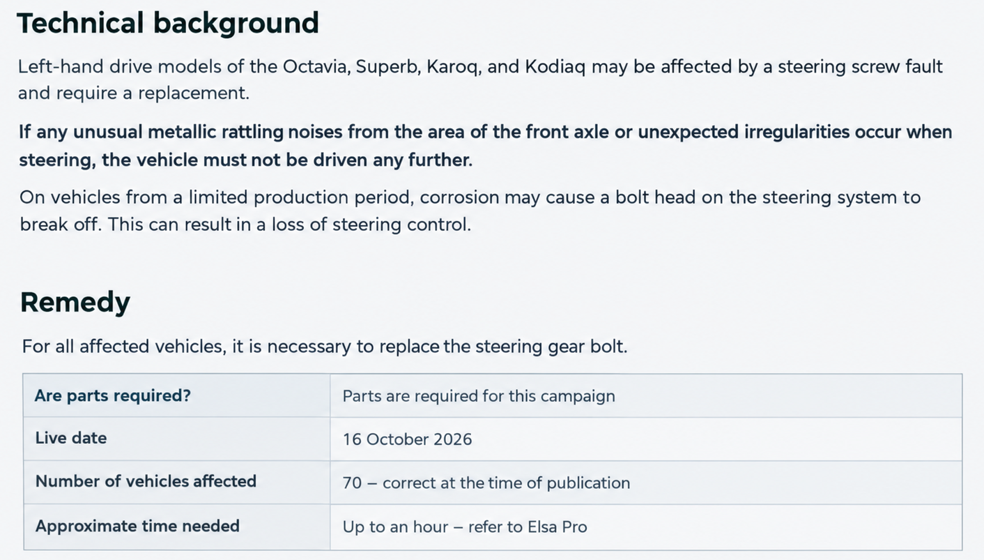VW group recalls ~4M vehicles for steering bolt which can corrode - any Skoda news yet?